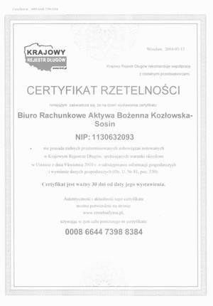 Certyfikat rzetelności dla biura rachunkowego AKTYWA