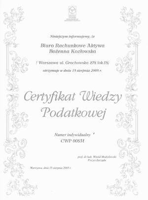 Certyfikat wiedzy podatkowej dla warszawskiego biura rachunkowego AKTYWA