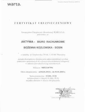 Certyfikat świadczenia usług księgowych przez biuro rachunkowe AKTYWA